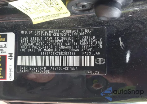 2011 Toyota Camry Le из США, поврежденный, VIN 4T4BF3EK7BR202138